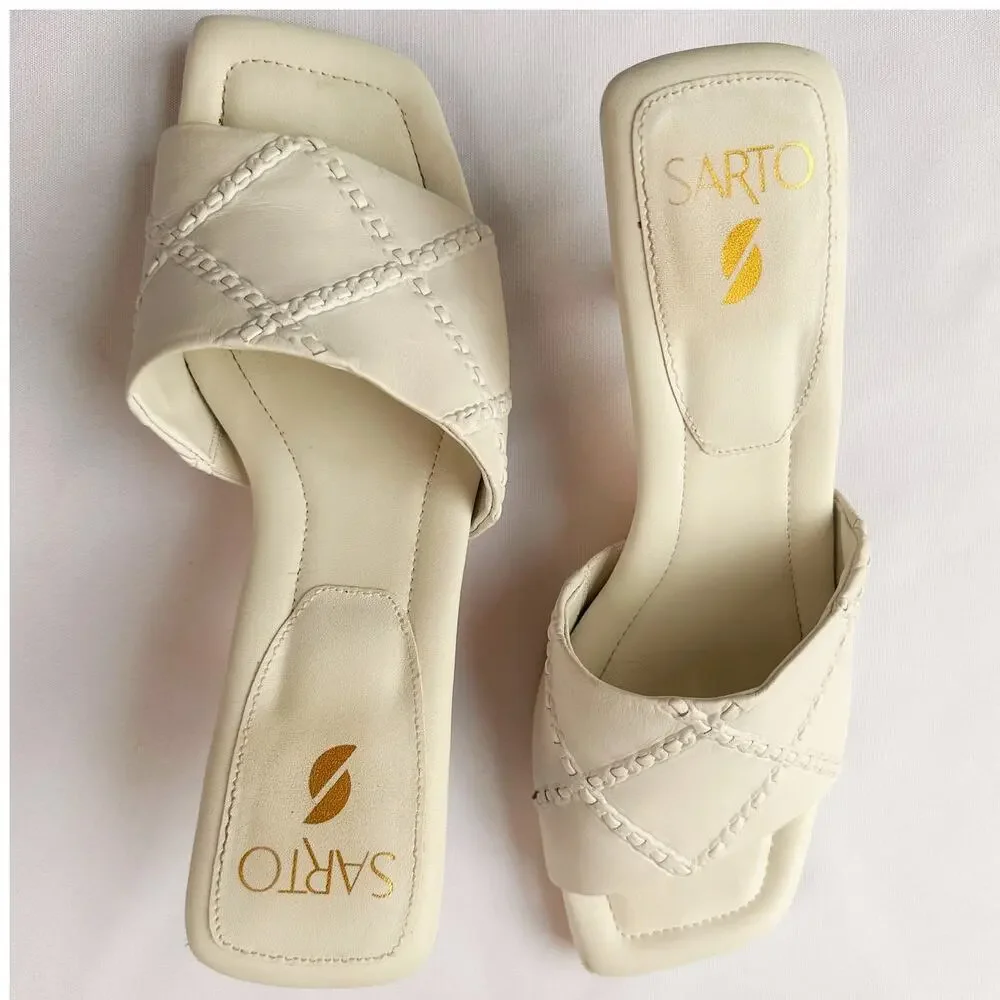 Franco Sarto Betty 8.5 Cream Slip On Shoes Square Sandals Mid Pump Heel - Picture 1 of 7